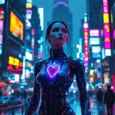 The primary subject of the image is a woman wearing a futuristic outfit, which includes a heart-shaped piece on her chest. She is standing in a city street at night, surrounded by tall buildings and neon lights. The visual style of the image is a combination of photo and digital art, creating a unique and captivating scene. The colors and mood of the image are predominantly dark and mysterious, with the neon lights adding a touch of brightness and intrigue to the overall atmosphere.